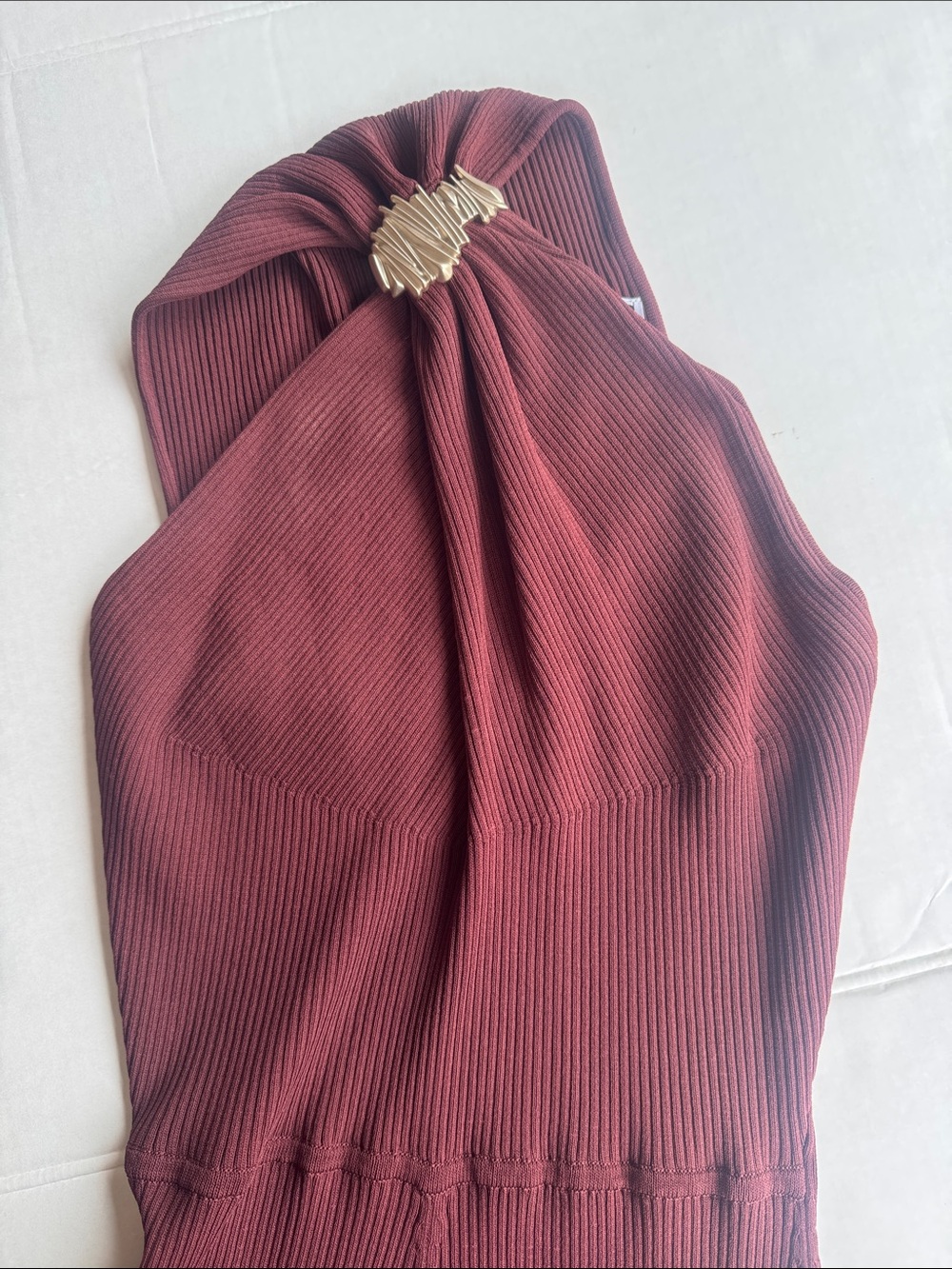 Zara Burgundy Knit Halter Dress with Gold Accent